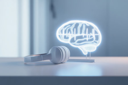 A glowing brain illustration sits beside a pair of white headphones on a modern table. The scene suggests a blend of music and mental awareness in a minimalist space.の素材