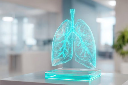 A realistic 3D model of human lungs is shown, glowing in blue, on a clear base. The background features a bright, modern healthcare environment, suggesting advanced medical technology.の素材
