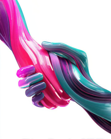 Two hands, one vibrant pink and the other teal, grasping each other, covered in bright paint. This artistic display highlights unity and creativity through color and texture.の素材