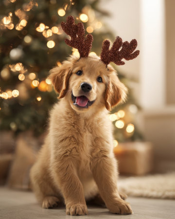 A cheerful golden retriever puppy wearing reindeer antlers sits by a beautifully decorated Christmas tree. Soft lights twinkle in the background, creating a cozy holiday atmosphere.の素材