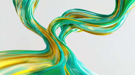 Bright, fluid lines and shapes swirl together in a dynamic display of colors. Green and gold intertwine, creating an eye-catching, modern artwork perfect for decoration.の素材