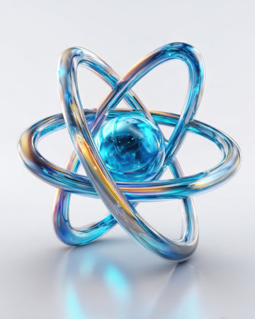 A vibrant 3D representation of an atom features a central blue sphere surrounded by translucent rings. The design uses a glossy finish that reflects light beautifully.の素材