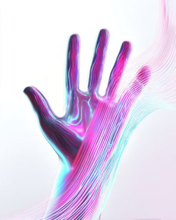 A vivid hand is reaching outward, featuring bright colors and a smooth surface. Flowing lines in pink and blue radiate from the hand, creating a dynamic visual effect.の素材