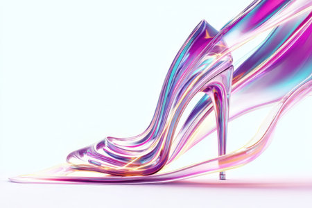 A stylish high heel shoe stands out with its smooth and flowing design featuring a mix of bright colors. The unique shape highlights contemporary fashion trends.の素材