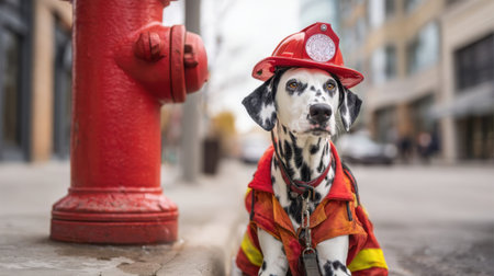 A playful Dalmatian dog, dressed in a bright firefighter outfit and helmet, sits next to a red fire hydrant on a city street, surrounded by urban buildings and signs.の素材
