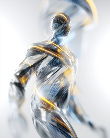 A metallic figure is in a fluid, twisting pose with glowing lines wrapping around it. The background is bright and soft, enhancing the sense of movement and energy.の素材