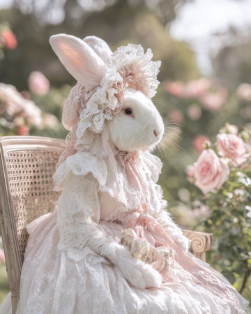 A fluffy bunny dressed in a vintage lace outfit sits gracefully in a beautiful rose garden.の素材