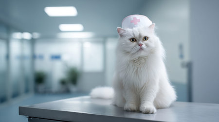 A fluffy white cat wearing a nurse cap sits on a table in a veterinary clinic. The bright, clean space has soft lighting and medical equipment in the background, suggesting care.の素材