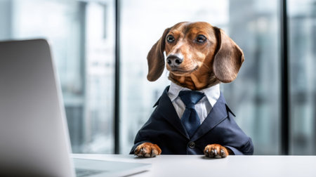 A dachshund dressed in a formal suit sits at a desk with its paws on the table. The dog appears focused, looking at a laptop in a modern office environment with large windows.の素材