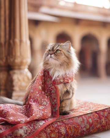 A fluffy Persian cat sits on a colorful textile in a stunning historical setting. The cat wears a beautifully adorned cloth, looking curiously at its surroundings.の素材