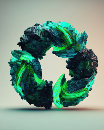 A circular sculpture made of swirls in vibrant green and dark blue stands against a soft background. This art piece showcases fluid movement and intricate textures.の素材