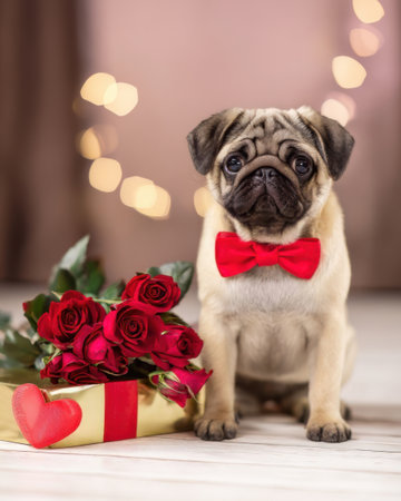 A cute pug wearing a red bow tie sits near a bouquet of red roses and a gift. The setting is warm with soft lights, perfect for a celebration or romantic day.の素材