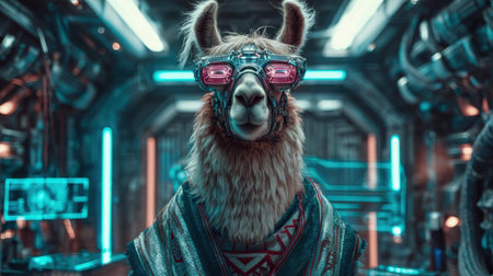 A llama stands in a high-tech environment filled with neon lights. It wears stylish glasses and a colorful blanket, blending nature with modern technology in a unique way.の素材