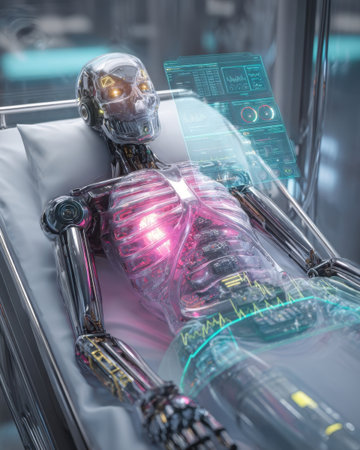 A robotic figure lies on a medical bed in a high-tech environment. Its transparent body shows glowing parts, indicating advanced technology and health monitoring systems.の素材