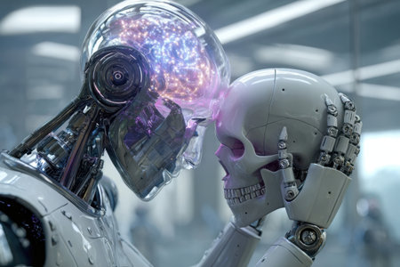 A humanoid robot gently holds a realistic skull, symbolizing the connection between technology and humanity in a futuristic environment filled with soft lighting.の素材