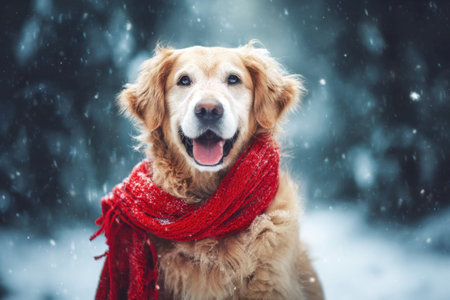 A cheerful golden retriever sits in a snow-covered landscape, wearing a warm red scarf. Snowflakes fall gently around, creating a cozy winter scene filled with joy.の素材