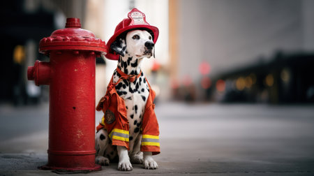 A Dalmatian dog dressed in a firefighter jacket and hat sits proudly next to a bright red fire hydrant on a city street, showcasing a playful and heroic spirit.の素材