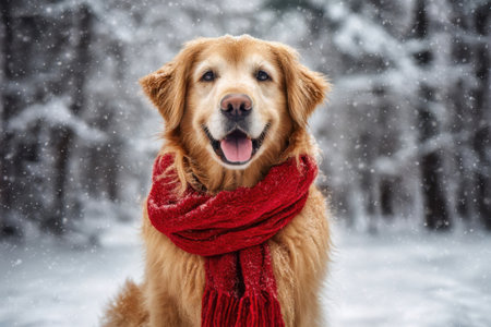 A golden retriever happily poses in a snowy forest, wearing a bright red scarf. Snowflakes fall gently around, creating a cheerful winter atmosphere that captures the joy of the season.の素材
