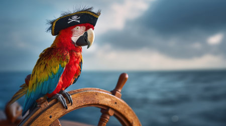 A vibrant parrot with red, blue, and green feathers sits confidently on a ships steering wheel. The ocean stretches behind it under a dramatic sky, creating a lively scene.の素材