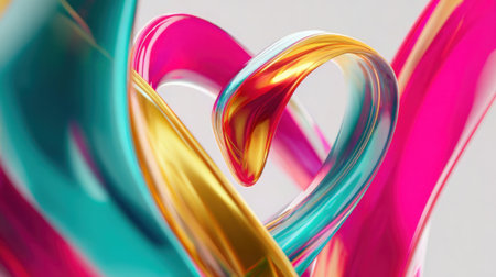Bright swirls of transparent material create dynamic heart shapes in various colors. The design showcases vibrant tones of pink, teal, and gold, blending smoothly together.の素材