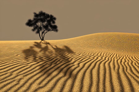 A lonely tree stands tall on soft, undulating sand dunes. The golden landscape reflects the warm light of sunset, creating long shadows across the textured surface.の素材