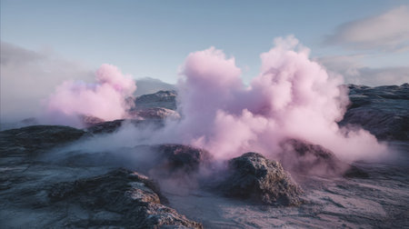 Puffy pink smoke rises and swirls over a rocky landscape during a tranquil sunset. The soft hues of the sky blend beautifully with the colorful smoke, creating a stunning visual effect.の素材