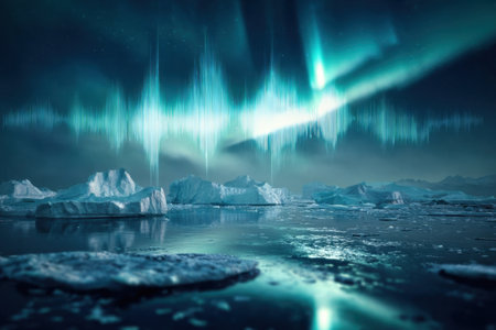 A stunning display of the aurora borealis lights up the night sky over icy waters and floating icebergs. The colors reflect beautifully, creating a serene atmosphere in the cold.の素材