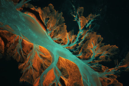 Fascinating view of a bright river surrounded by luminous branches at night, showing the beauty of natures intricate patterns and colors in a serene landscape.の素材