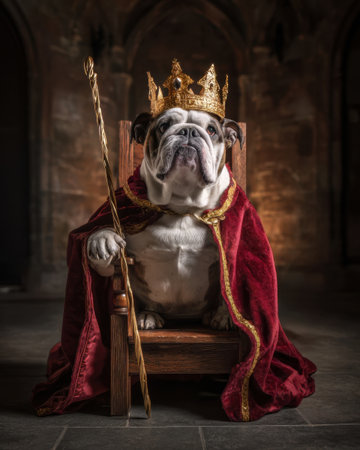 A bulldog wearing a golden crown and a red cape sits proudly on a wooden throne. The background features subtle stone walls, adding to the regal atmosphere of the moment.の素材