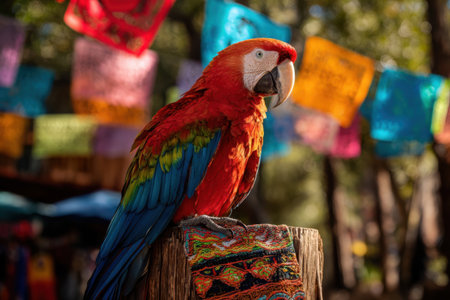 A vibrant parrot sits on a rustic wooden post surrounded by decorative banners, basking in soft sunlight, in a lively outdoor setting full of color and natural beauty.の素材