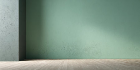 This scene features a spacious room with soft green walls and a light wooden floor, creating a calm and inviting atmosphere in a contemporary setting.の素材