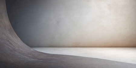 An abstract scene features a smooth curved surface meeting a softly lit wall in neutral shades, creating a calm and minimal aesthetic perfect for various artistic displays.の素材