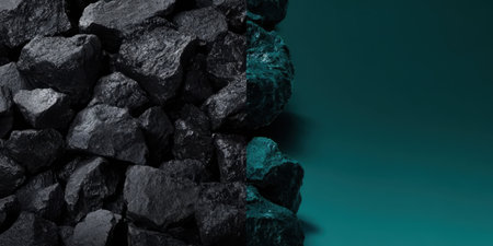 A cluster of black coal rocks is arranged against a smooth teal surface, highlighting the contrast between the rough texture of the coal and the sleek backdrop, creating a striking visual.の素材