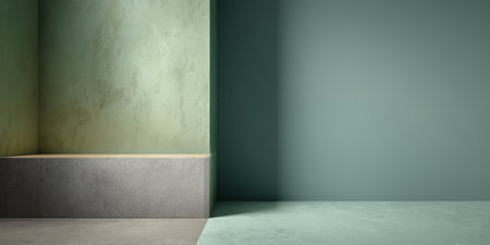 A serene corner of a room features smooth green walls meeting a concrete base, showcasing modern minimalistic design. Natural light accentuates the peaceful ambiance of this space.の素材