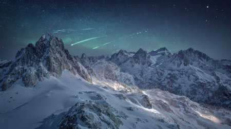 Bright meteor showers light up the starry night sky over majestic snow-covered mountains. The scene captures the beauty of nature in a tranquil winter setting.の素材
