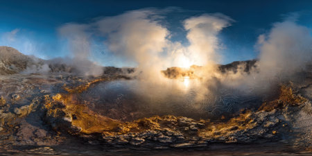 Bright colors fill the sky as the sun rises over a geothermal lake surrounded by steaming vents. The scenery features unique rock formations and vibrant mineral deposits.の素材