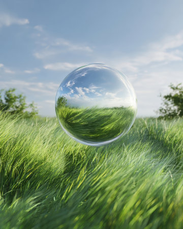 A bubble hovers above vibrant green grass under a bright blue sky. Soft clouds drift in the distance, creating a peaceful and serene atmosphere in nature during daylight.の素材
