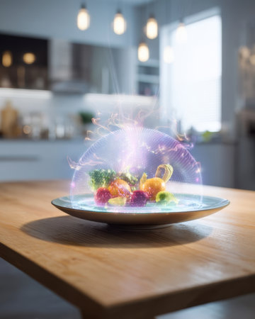 A colorful assortment of fruits and vegetables is presented on a wooden table, covered with a glowing dome. This modern display is set in a bright kitchen with elegant lighting.の素材