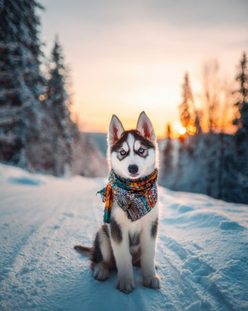 A husky puppy with striking blue eyes and a colorful scarf sits on a snowy path. Tall evergreen trees surround the area as the sun sets, creating a beautiful winter scene.の素材