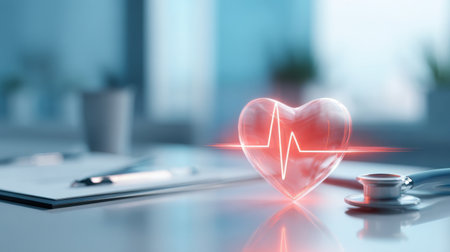 A heart symbol with a heartbeat line is seen on a table along with a stethoscope and notepad. The setting suggests a medical or health-related environment focused on well-being.の素材
