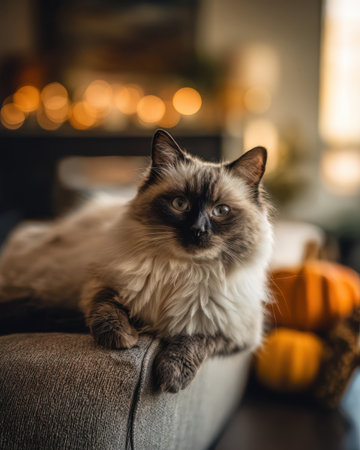 A fluffy cat rests comfortably on a couch with a cozy atmosphere. The background features soft lighting and seasonal pumpkins, creating a warm vibe in the living space.の素材