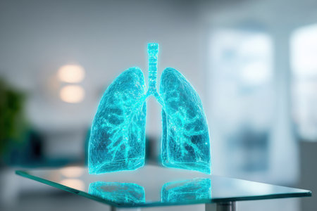 A glowing 3D model of human lungs is showcased on a glass table. The scene is set in a contemporary environment with soft lighting, emphasizing the intricate details of the lungs.の素材