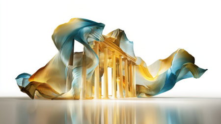 A stunning features display ancient columns surrounded by flowing fabric that swirls in vibrant shades of blue and gold, creating a dynamic contrast of tradition and contemporary art.の素材
