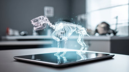 A realistic digital skeleton of a dog is shown on a tablet screen in a modern office setting. The dog appears to be in a playful pose. Bright light enhances the details.の素材