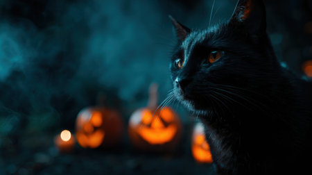 A black cat with bright eyes gazes amid smoky air. In the background, carved pumpkins with glowing faces add to the spooky Halloween atmosphere at night.の素材