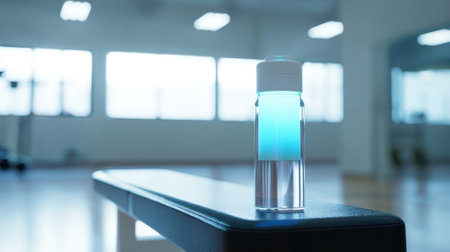 A clear water bottle filled with blue liquid is placed on a black exercise bench in a bright fitness studio during the day. Light streams through large windows.の素材