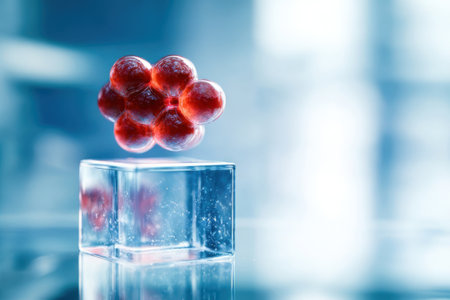 A red molecular structure floats above a transparent cube in a laboratory setting. The atmosphere is bright with a scientific ambiance, emphasizing advanced research.の素材
