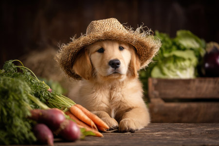 A golden retriever puppy sits on a wooden table wearing a straw hat. Surrounding it are fresh vegetables like carrots and radishes, creating a charming farm setting.の素材