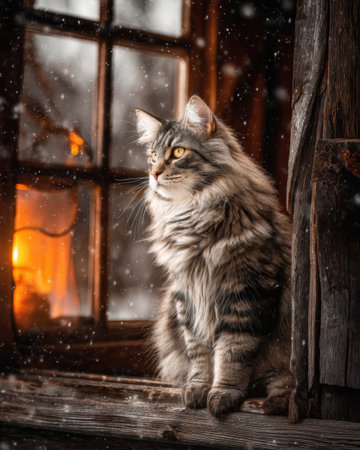 A fluffy cat with striking fur gazes out a wooden window, watching snowflakes gently fall. The warm glow from inside contrasts with the cold winter scene outside.の素材