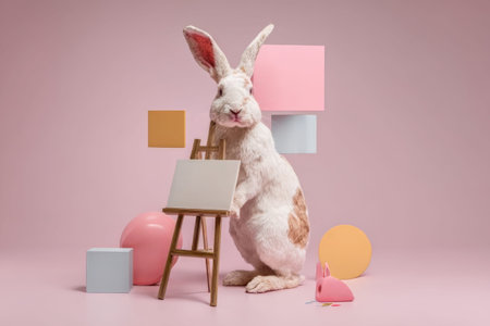 A furry rabbit stands by an easel in a colorful art studio. It plays with vibrant shapes and is ready to create something fun, showing its imaginative side in a playful atmosphere.の素材